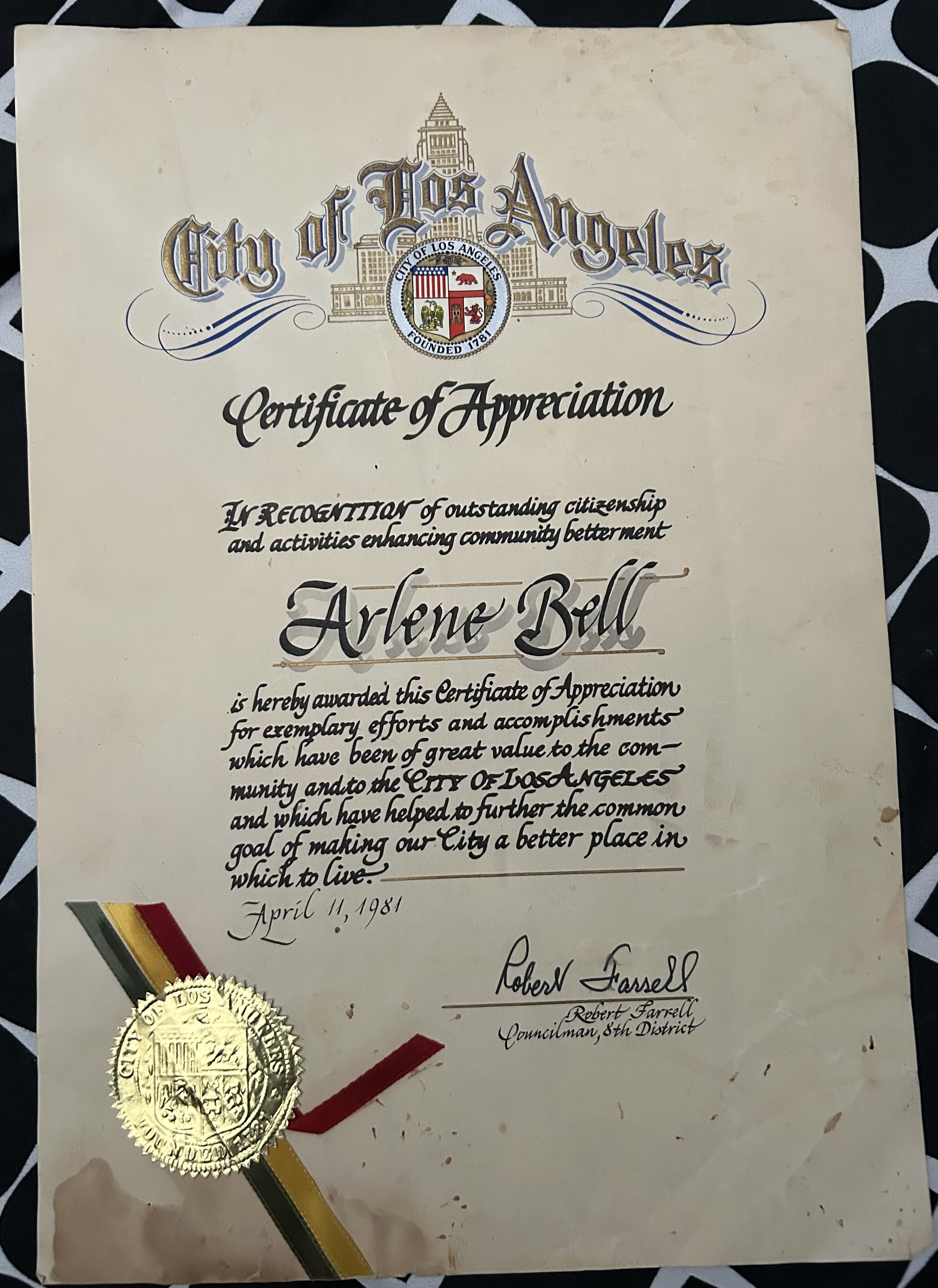 City of Los Angeles Certificate of Appreciation for Arlene Bell, April 11, 1981